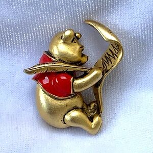 Winnie the Pooh Disney Brooch Gold tone Red Enamel,  Making a List